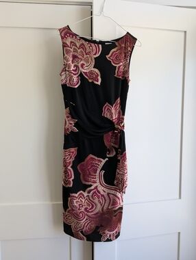 Cache Black Midi Dress with Magenta Floral Print and Knot Detail
